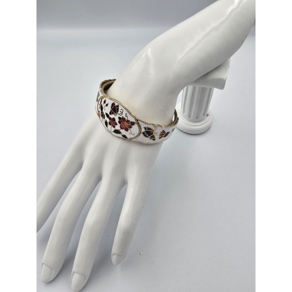 Vintage Cloisonne White Enamel Gold Tone Floral Butterfly Hinge Bangle Bracelet - Picture 4 of 10